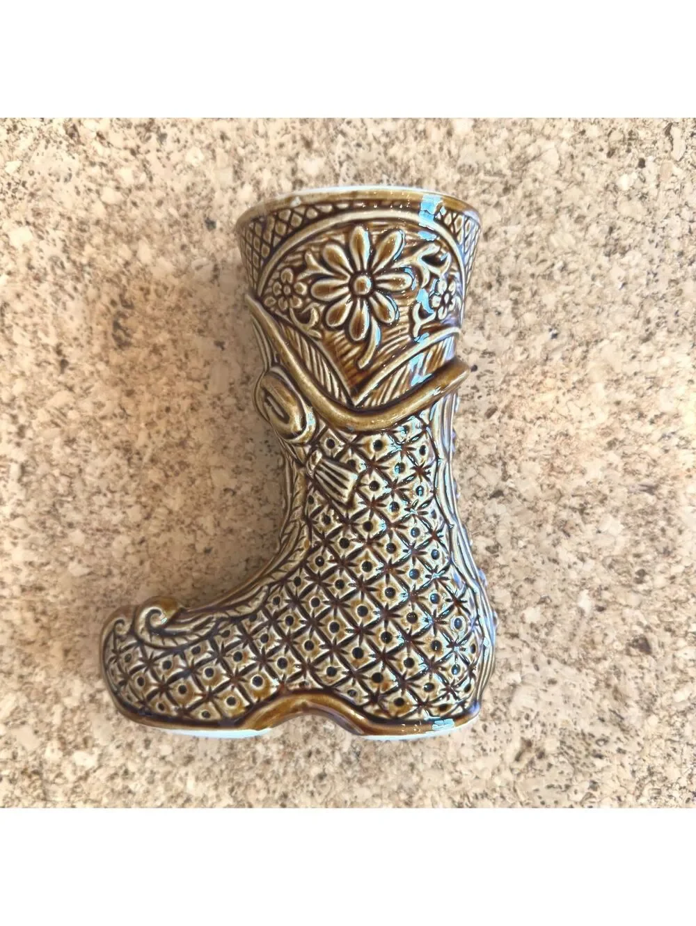 Vintage Brown Ceramic Folk Art Boot Vase Planter Embossed Art Pottery 7